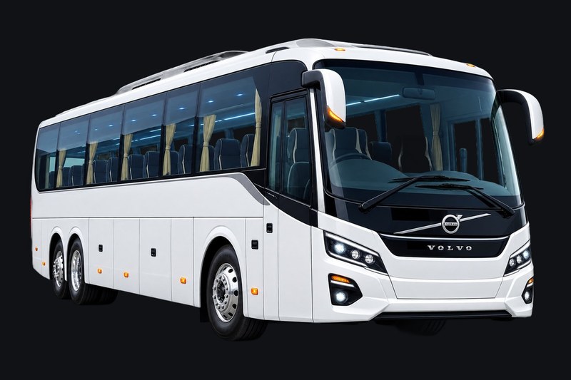 White Volvo touring coach from the B&B Tours and Travels fleet