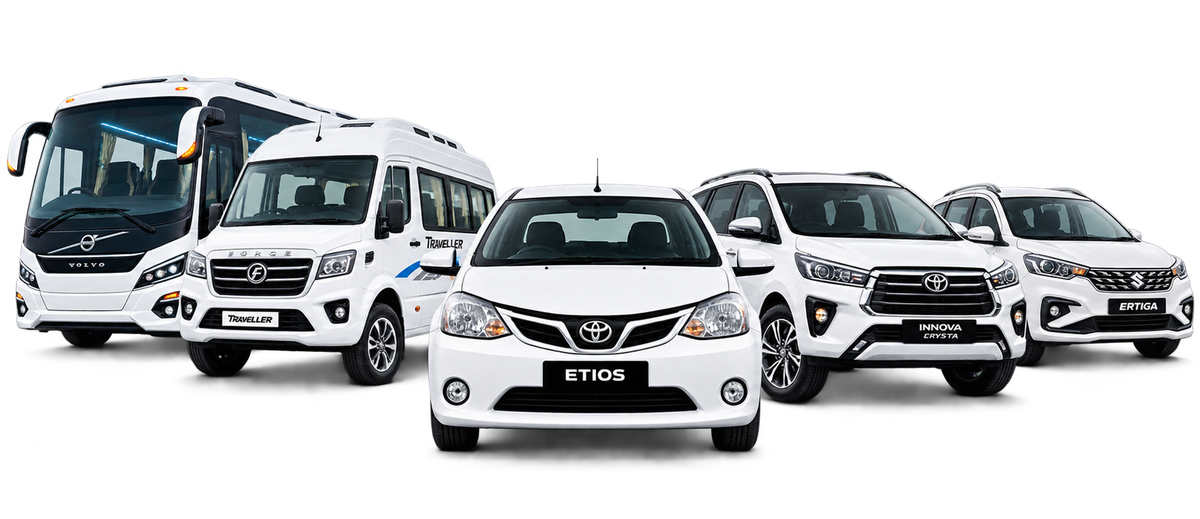 The B&B Tours and Travels fleet lined up: a Volvo coach, a Force Traveller tempo traveller, a Toyota Etios sedan, a Toyota Innova Crysta and a Maruti Suzuki Ertiga